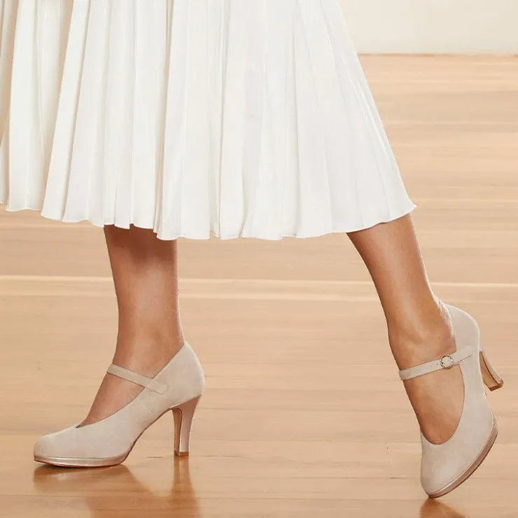 Sole Bliss Madison: Pale Taupe Suede & Patent^ Heels