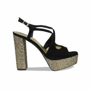 Sole Bliss Royalty: Black Suede & Bronze Glitter^ Heels | Sandals
