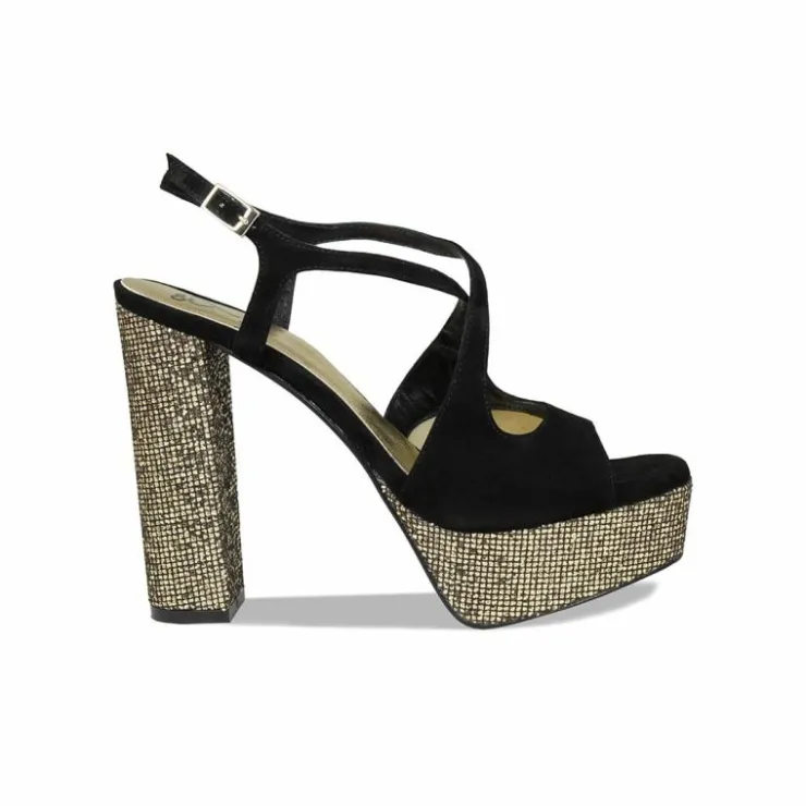 Sole Bliss Royalty: Black Suede & Bronze Glitter^ Heels | Sandals