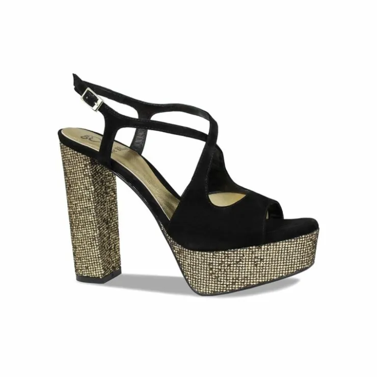 Sole Bliss Royalty: Black Suede & Bronze Glitter^ Heels | Sandals