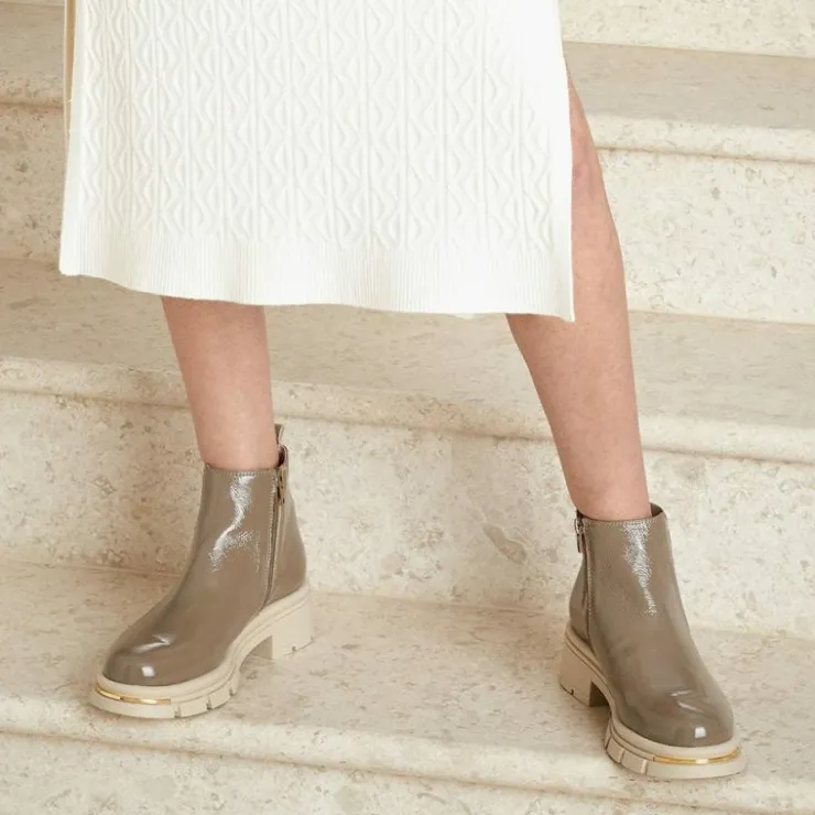 Sole Bliss Runway: Taupe Patent Leather^ Boots