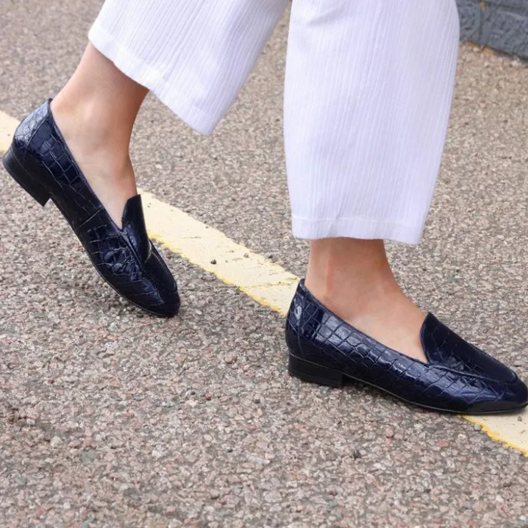 Sole Bliss Tabitha: Navy Croc Patent Leather^ Flats | Loafers